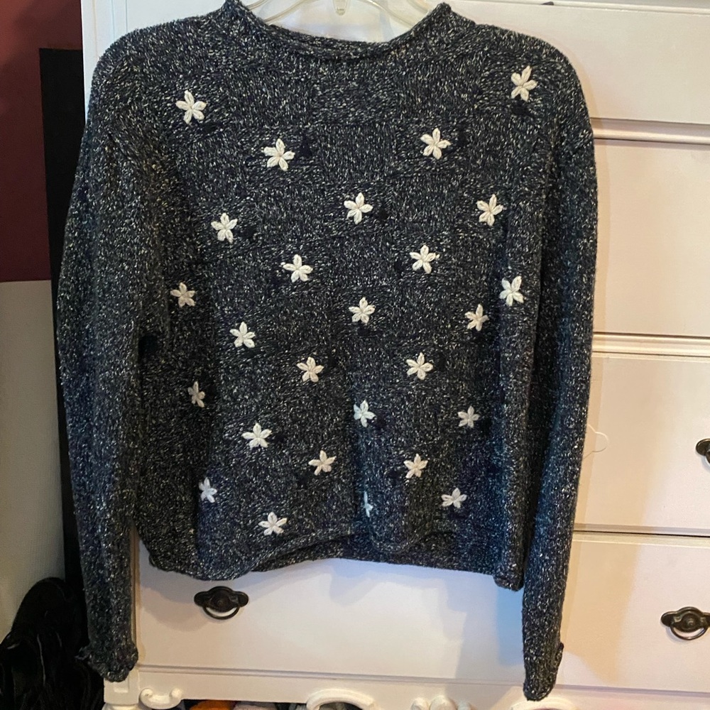 Black sweater with white flowers! Size medium